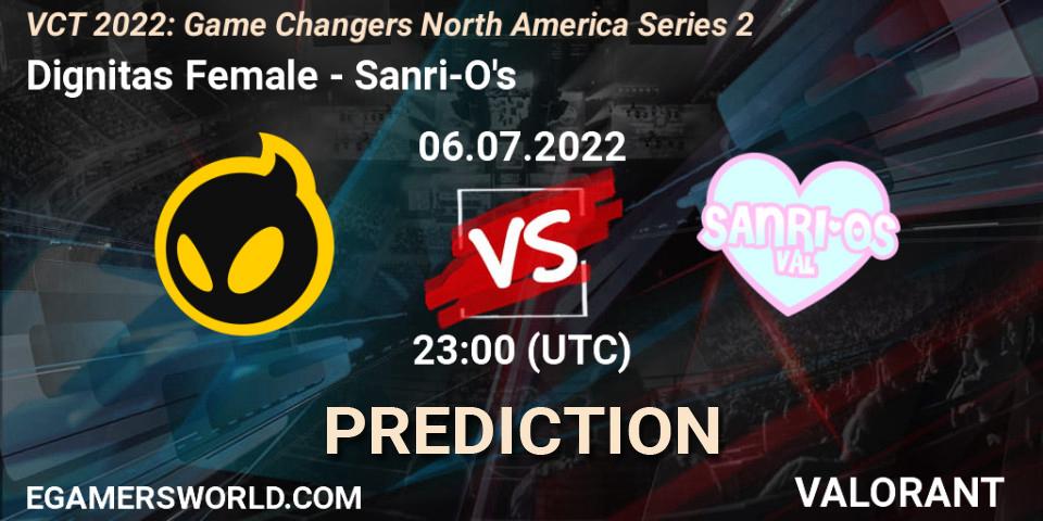 Dignitas Female vs Sanri-O's: Betting TIp, Match Prediction. 06.07.2022 at 20:10. VALORANT, VCT 2022: Game Changers North America Series 2