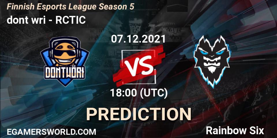 dont wöri vs RCTIC: Betting TIp, Match Prediction. 07.12.2021 at 18:00. Rainbow Six, Finnish Esports League Season 5