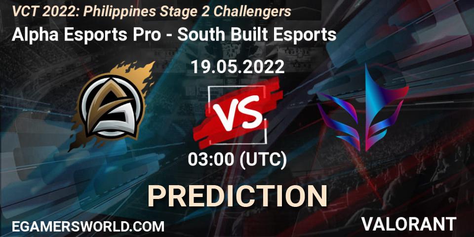 Alpha Esports Pro vs South Built Esports: Betting TIp, Match Prediction. 19.05.2022 at 03:00. VALORANT, VCT 2022: Philippines Stage 2 Challengers
