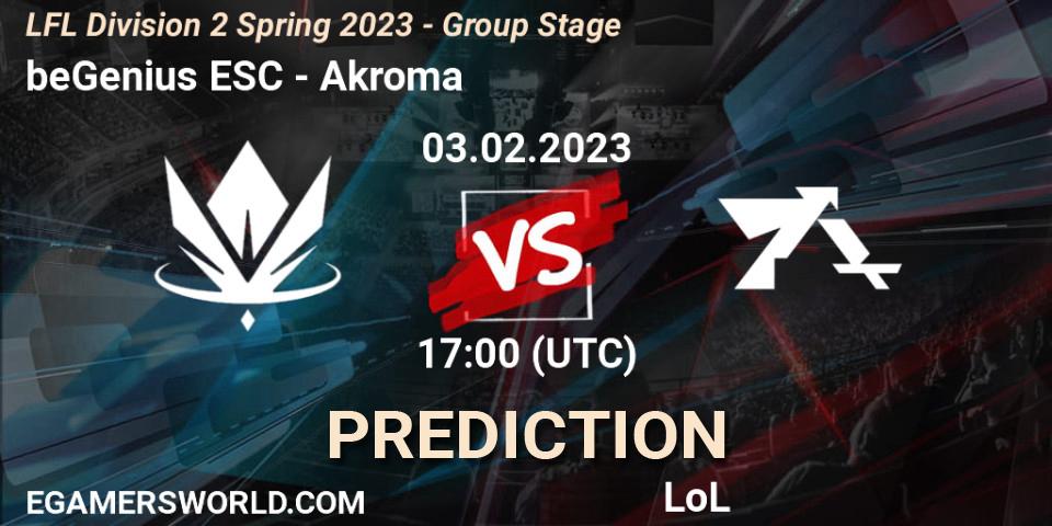 beGenius ESC vs Akroma: Betting TIp, Match Prediction. 03.02.2023 at 17:00. LoL, LFL Division 2 Spring 2023 - Group Stage