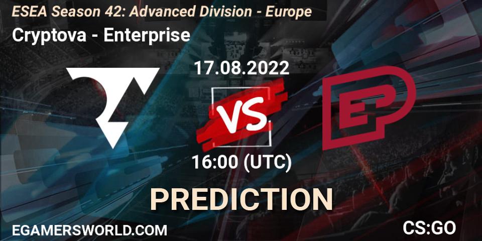 Cryptova vs Enterprise: Betting TIp, Match Prediction. 17.08.2022 at 16:00. Counter-Strike (CS2), ESEA Season 42: Advanced Division - Europe