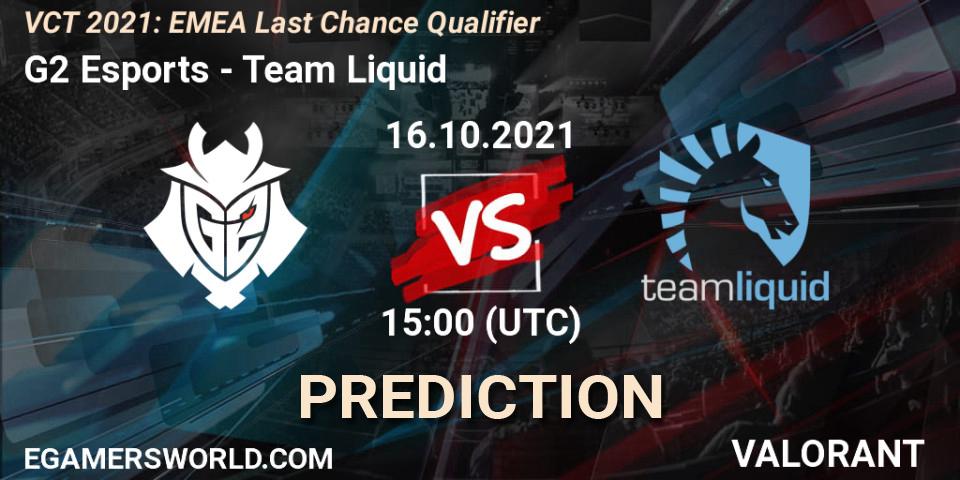 G2 Esports vs Team Liquid: Betting TIp, Match Prediction. 16.10.2021 at 13:00. VALORANT, VCT 2021: EMEA Last Chance Qualifier