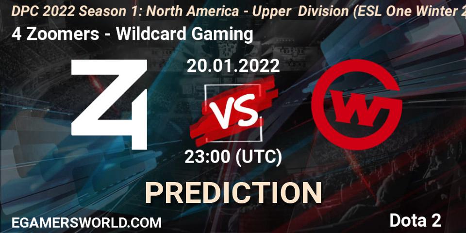 4 Zoomers vs Wildcard Gaming: Betting TIp, Match Prediction. 20.01.2022 at 22:55. Dota 2, DPC 2022 Season 1: North America - Upper Division (ESL One Winter 2021)