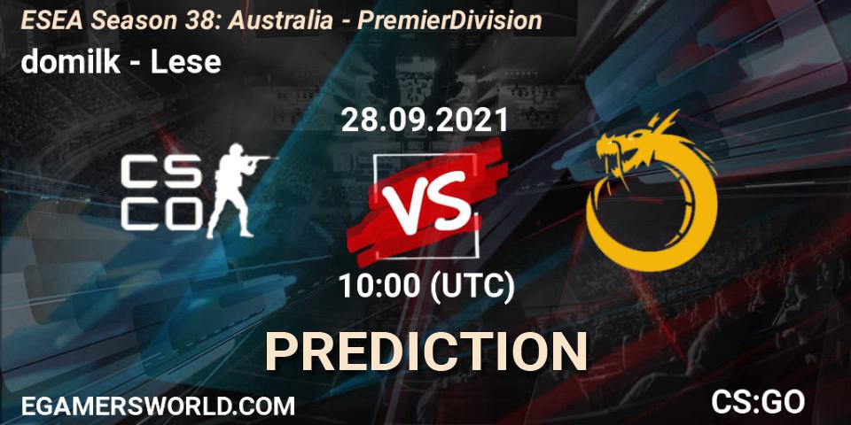 domilk vs Lese: Betting TIp, Match Prediction. 28.09.2021 at 10:15. Counter-Strike (CS2), ESEA Season 38: Australia - Premier Division