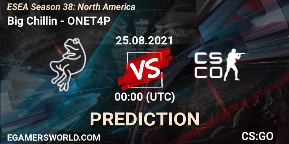Big Chillin vs ONET4P: Betting TIp, Match Prediction. 25.08.2021 at 00:00. Counter-Strike (CS2), ESEA Season 38: North America 