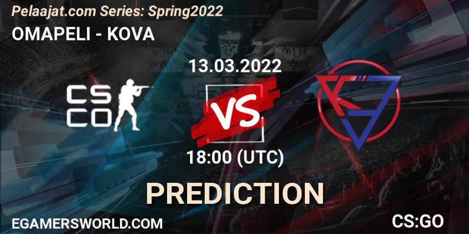 OMAPELI vs KOVA: Betting TIp, Match Prediction. 13.03.2022 at 18:00. Counter-Strike (CS2), Pelaajat.com Series: Spring 2022