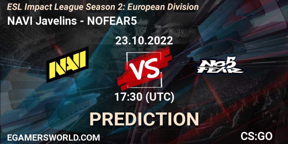 NAVI Javelins vs NOFEAR5: Betting TIp, Match Prediction. 23.10.2022 at 17:30. Counter-Strike (CS2), ESL Impact League Season 2: European Division