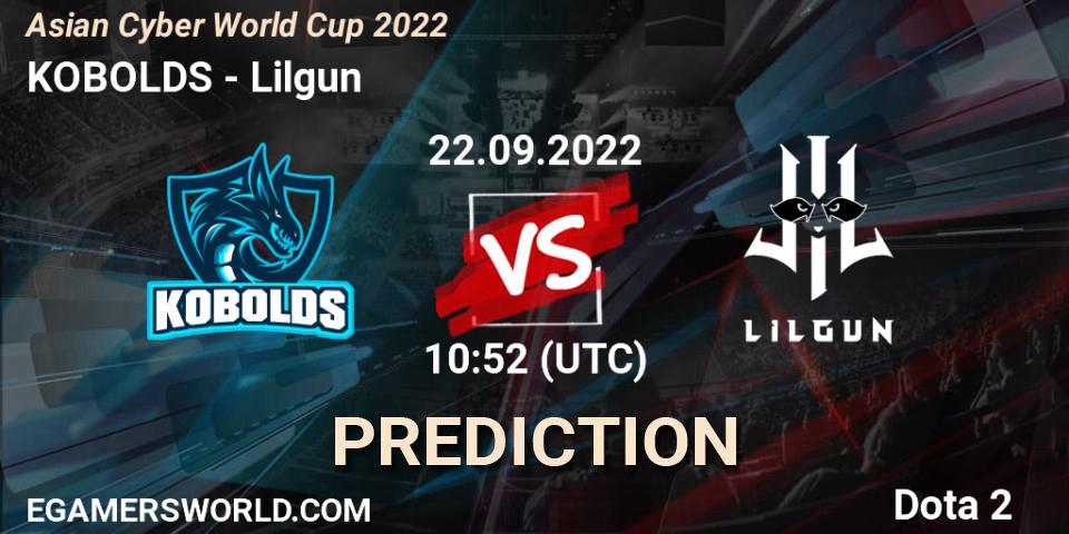 KOBOLDS vs Lilgun: Betting TIp, Match Prediction. 22.09.2022 at 10:52. Dota 2, Asian Cyber World Cup 2022