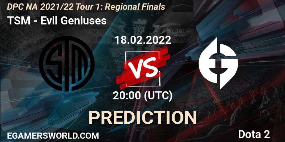 TSM vs Evil Geniuses: Betting TIp, Match Prediction. 18.02.2022 at 22:56. Dota 2, DPC NA 2021/22 Tour 1: Regional Finals