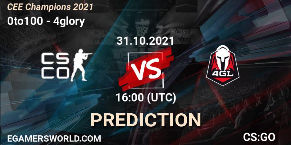 0to100 vs 4glory: Betting TIp, Match Prediction. 31.10.2021 at 16:00. Counter-Strike (CS2), CEE Champions 2021