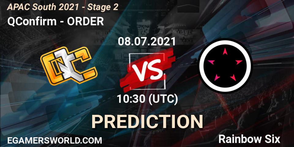 QConfirm vs ORDER: Betting TIp, Match Prediction. 08.07.2021 at 10:30. Rainbow Six, APAC South 2021 - Stage 2