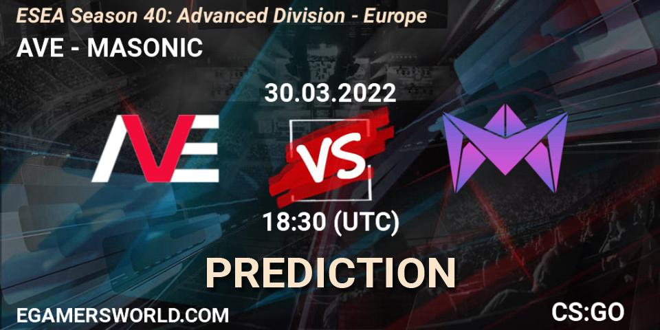 AVE vs MASONIC: Betting TIp, Match Prediction. 30.03.2022 at 17:00. Counter-Strike (CS2), ESEA Season 40: Advanced Division - Europe