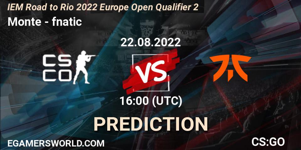 Monte vs fnatic: Betting TIp, Match Prediction. 22.08.2022 at 16:00. Counter-Strike (CS2), IEM Road to Rio 2022 Europe Open Qualifier 2
