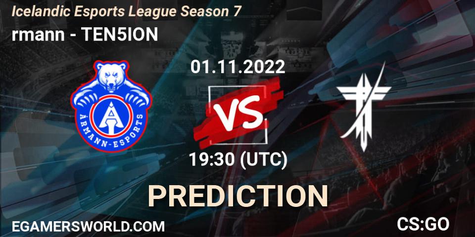 Ármann vs TEN5ION: Betting TIp, Match Prediction. 01.11.2022 at 19:30. Counter-Strike (CS2), Icelandic Esports League Season 7