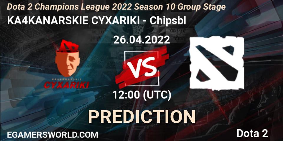 KA4KANARSKIE CYXARIKI vs Chipsbl: Betting TIp, Match Prediction. 26.04.2022 at 11:59. Dota 2, Dota 2 Champions League 2022 Season 10 