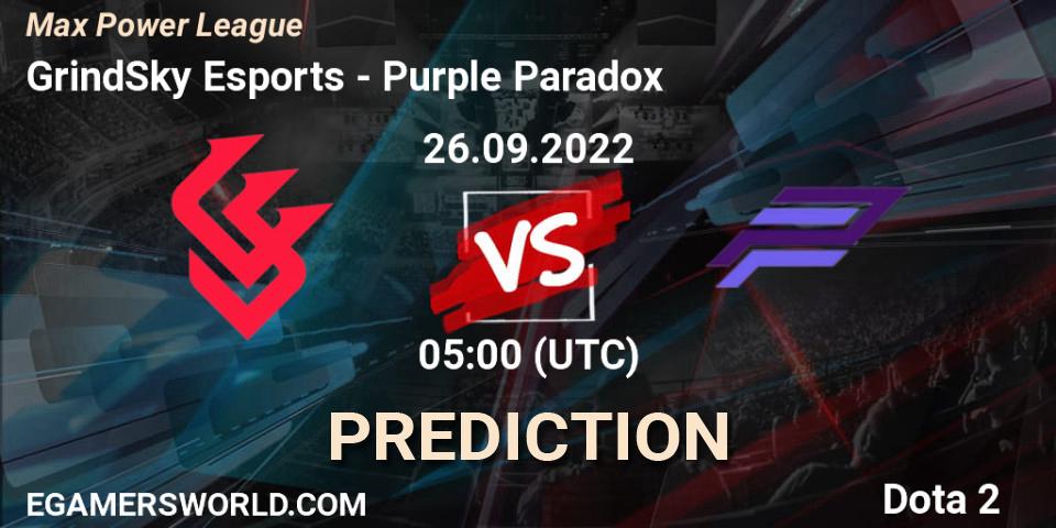 GrindSky Esports vs Purple Paradox: Betting TIp, Match Prediction. 26.09.2022 at 05:09. Dota 2, Max Power League