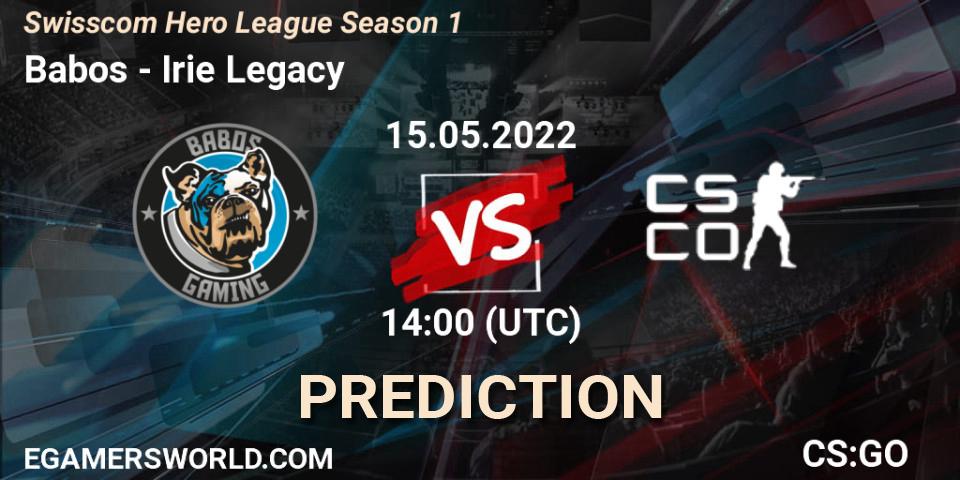 Babos vs Irie Legacy: Betting TIp, Match Prediction. 15.05.2022 at 14:00. Counter-Strike (CS2), Swisscom Hero League Season 1