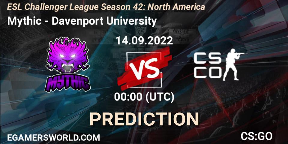 Mythic vs Davenport University: Betting TIp, Match Prediction. 14.09.2022 at 00:00. Counter-Strike (CS2), ESL Challenger League Season 42: North America