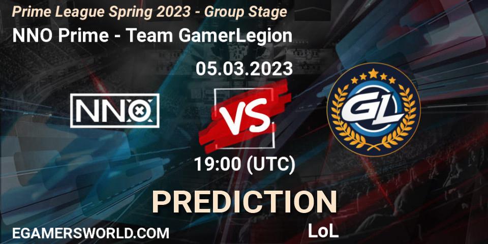 NNO Prime vs Team GamerLegion: Betting TIp, Match Prediction. 05.03.2023 at 18:00. LoL, Prime League Spring 2023 - Group Stage