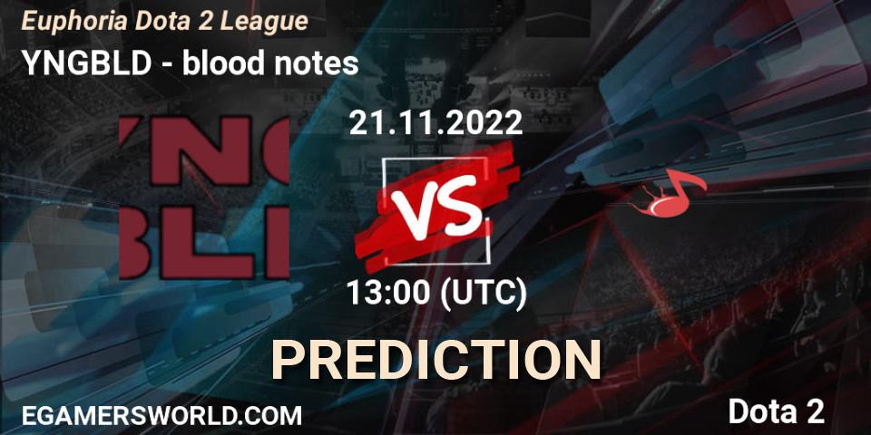 YNGBLD vs blood notes: Betting TIp, Match Prediction. 21.11.2022 at 13:19. Dota 2, Euphoria Dota 2 League