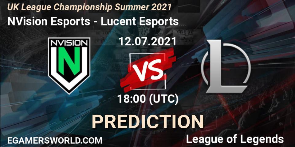 NVision Esports vs Lucent Esports: Betting TIp, Match Prediction. 12.07.2021 at 18:00. LoL, UK League Championship Summer 2021