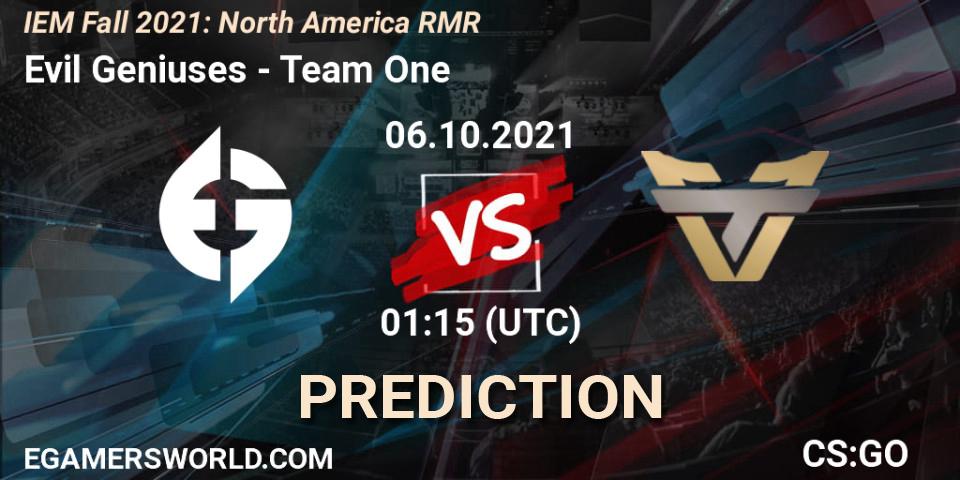 Evil Geniuses vs Team One: Betting TIp, Match Prediction. 06.10.2021 at 01:20. Counter-Strike (CS2), IEM Fall 2021: North America RMR