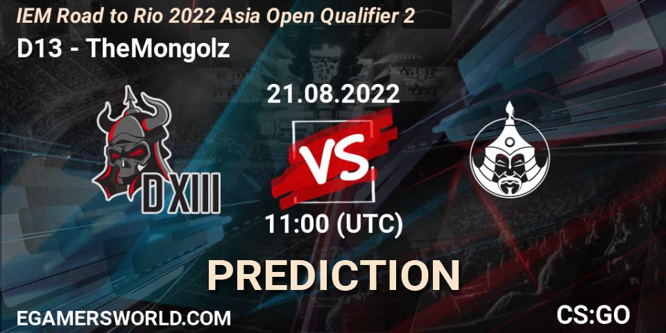 D13 vs TheMongolz: Betting TIp, Match Prediction. 21.08.2022 at 11:00. Counter-Strike (CS2), IEM Road to Rio 2022 Asia Open Qualifier 2