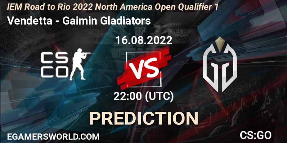 Vendetta vs Gaimin Gladiators: Betting TIp, Match Prediction. 16.08.2022 at 22:30. Counter-Strike (CS2), IEM Road to Rio 2022 North America Open Qualifier 1