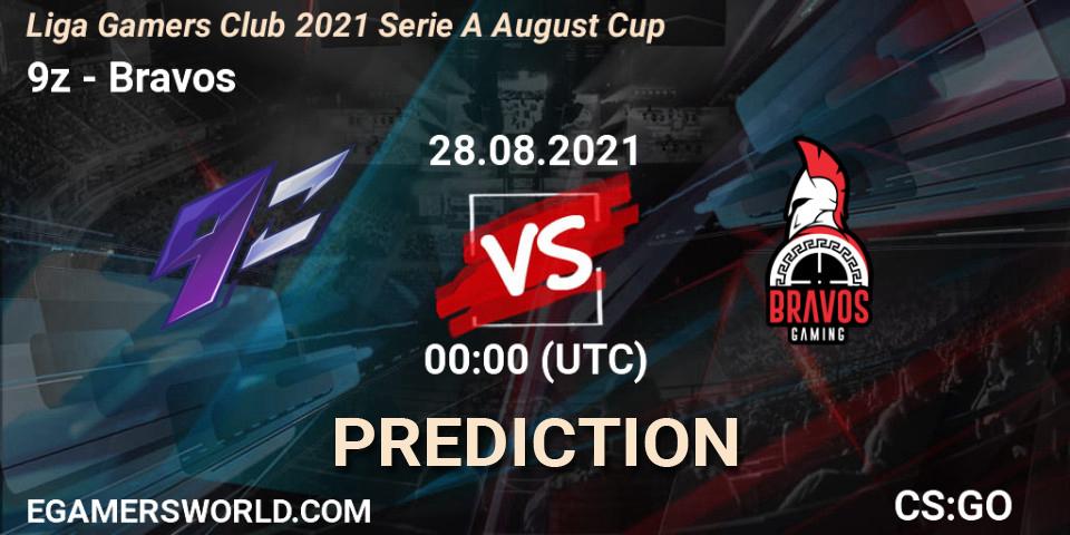 9z vs Bravos: Betting TIp, Match Prediction. 28.08.2021 at 00:00. Counter-Strike (CS2), Liga Gamers Club 2021 Serie A August Cup