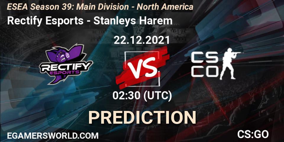 Rectify Esports vs Stanleys Harem: Betting TIp, Match Prediction. 22.12.2021 at 02:30. Counter-Strike (CS2), ESEA Season 39: Main Division - North America
