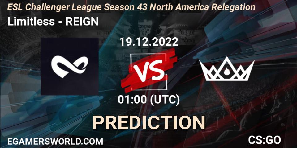 Limitless vs REIGN: Betting TIp, Match Prediction. 19.12.2022 at 01:00. Counter-Strike (CS2), ESL Challenger League Season 43 North America Relegation