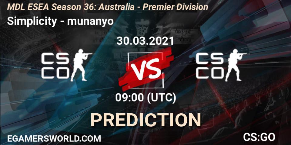 Simplicity vs munanyo: Betting TIp, Match Prediction. 30.03.21. CS2 (CS:GO), MDL ESEA Season 36: Australia - Premier Division