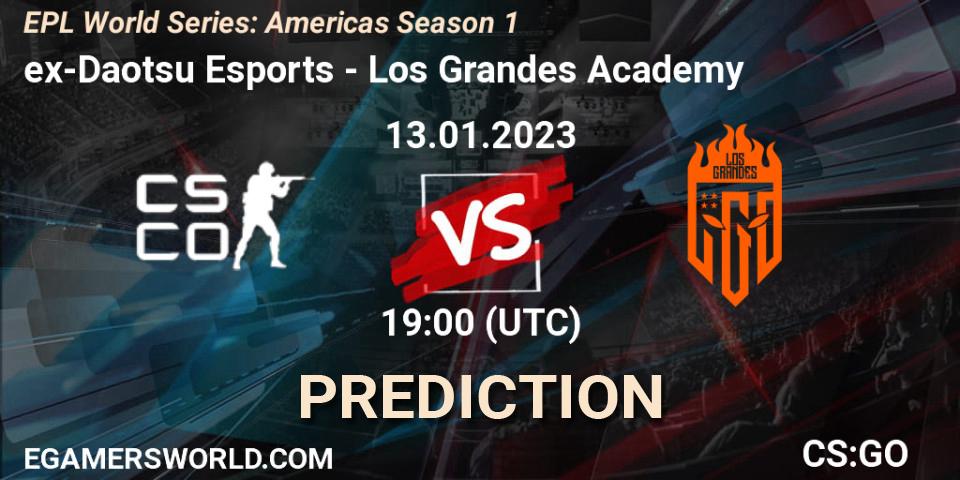 ex-Daotsu Esports vs Los Grandes Academy: Betting TIp, Match Prediction. 13.01.2023 at 19:00. Counter-Strike (CS2), EPL World Series: Americas Season 1