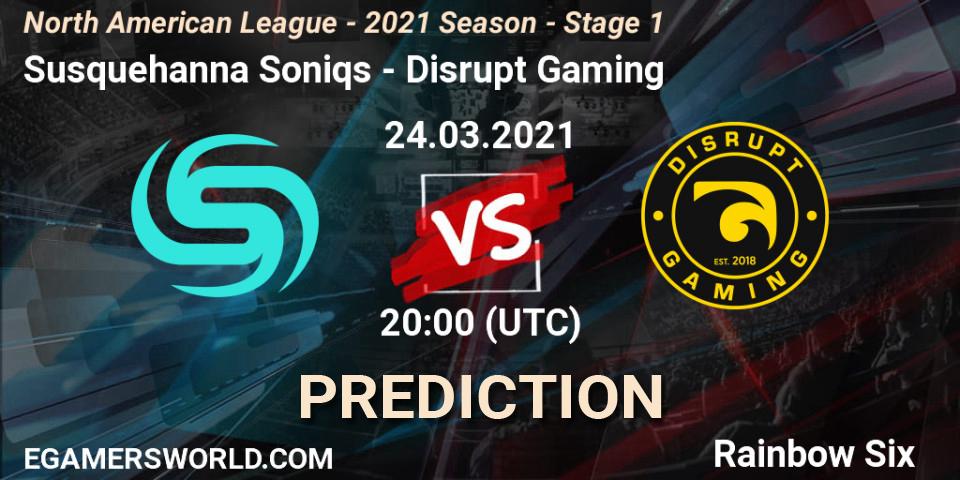 Susquehanna Soniqs vs Disrupt Gaming: Betting TIp, Match Prediction. 24.03.2021 at 20:00. Rainbow Six, North American League - 2021 Season - Stage 1