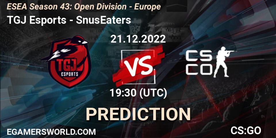 TGJ Esports vs SnusEaters: Betting TIp, Match Prediction. 21.12.2022 at 19:30. Counter-Strike (CS2), ESEA Season 43: Open Division - Europe