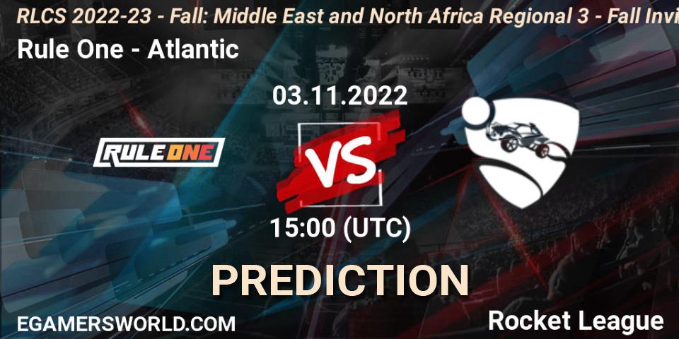 Rule One vs Atlantic: Betting TIp, Match Prediction. 03.11.2022 at 15:00. Rocket League, RLCS 2022-23 - Fall: Middle East and North Africa Regional 3 - Fall Invitational