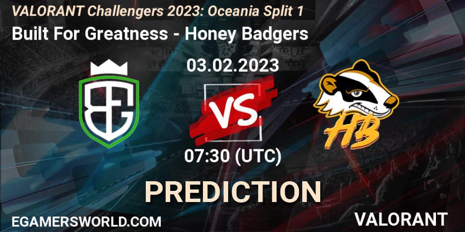 Built For Greatness vs Honey Badgers: Betting TIp, Match Prediction. 03.02.23. VALORANT, VALORANT Challengers 2023: Oceania Split 1