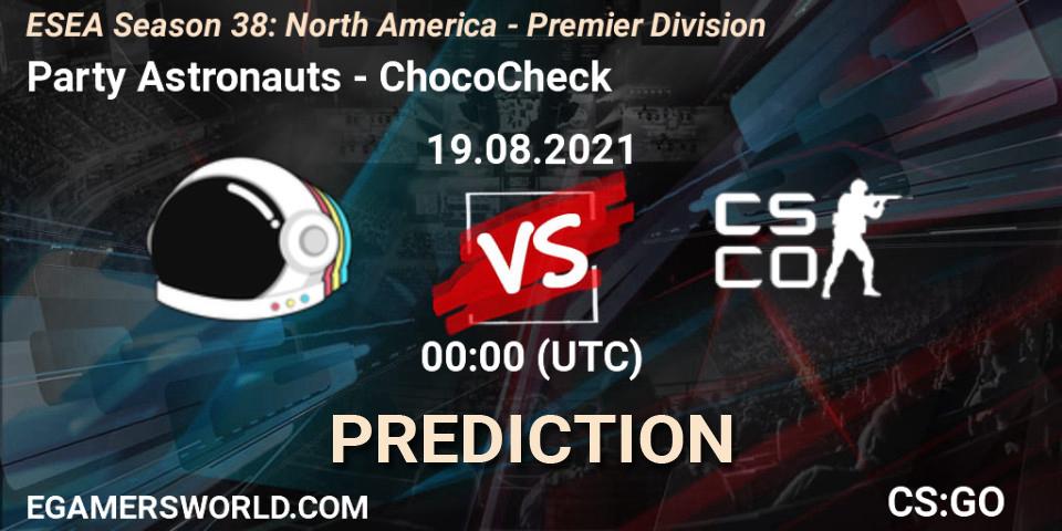Party Astronauts vs ChocoCheck: Betting TIp, Match Prediction. 29.09.2021 at 00:20. Counter-Strike (CS2), ESEA Season 38: North America 