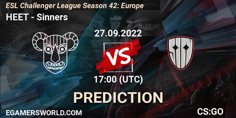HEET vs Sinners: Betting TIp, Match Prediction. 27.09.2022 at 17:00. Counter-Strike (CS2), ESL Challenger League Season 42: Europe