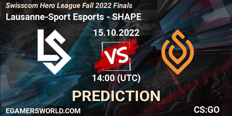 Lausanne-Sport Esports vs SHAPE: Betting TIp, Match Prediction. 15.10.2022 at 14:00. Counter-Strike (CS2), Swisscom Hero League Fall 2022 Finals