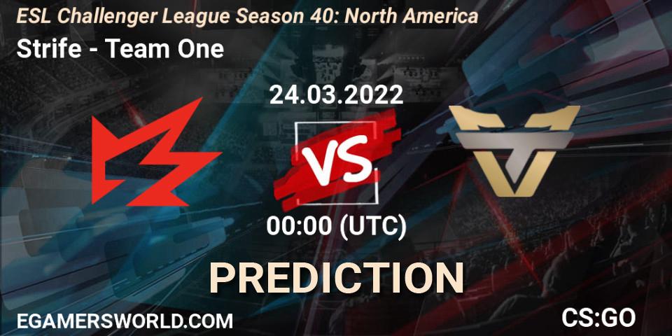 Strife vs Team One: Betting TIp, Match Prediction. 24.03.2022 at 00:00. Counter-Strike (CS2), ESL Challenger League Season 40: North America