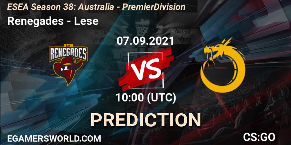 Renegades vs Lese: Betting TIp, Match Prediction. 07.09.2021 at 10:00. Counter-Strike (CS2), ESEA Season 38: Australia - Premier Division
