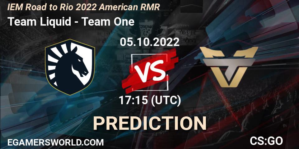 Team Liquid vs Team One: Betting TIp, Match Prediction. 05.10.2022 at 14:25. Counter-Strike (CS2), IEM Road to Rio 2022 American RMR