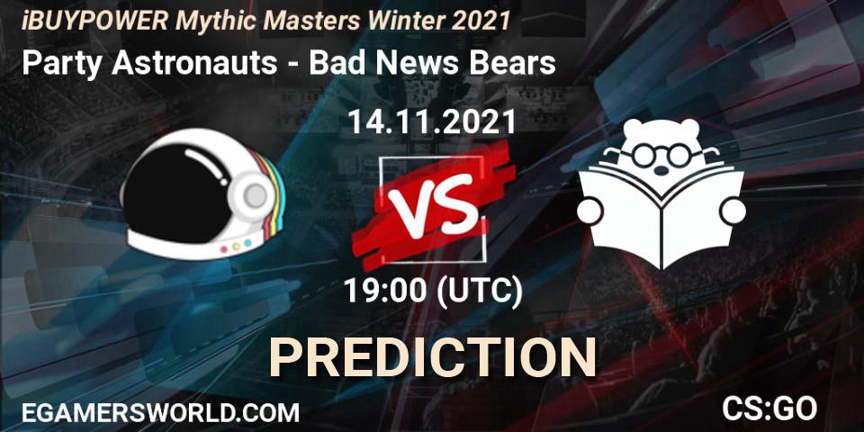 Party Astronauts vs Bad News Bears: Betting TIp, Match Prediction. 14.11.2021 at 19:00. Counter-Strike (CS2), iBUYPOWER Mythic Masters Winter 2021
