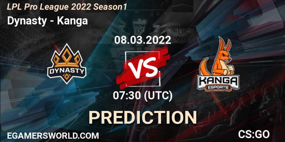 Dynasty vs Kanga: Betting TIp, Match Prediction. 09.03.2022 at 07:30. Counter-Strike (CS2), LPL Pro League 2022 Season 1
