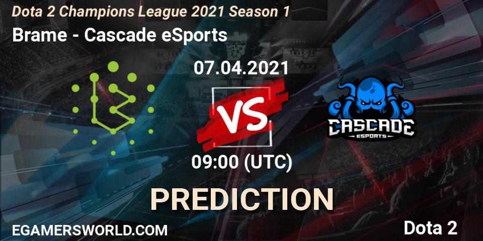 Brame vs Cascade eSports: Betting TIp, Match Prediction. 08.04.2021 at 09:07. Dota 2, Dota 2 Champions League 2021 Season 1