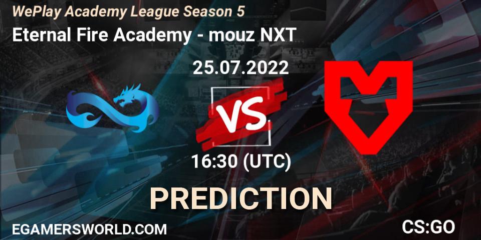 Eternal Fire Academy vs mouz NXT: Betting TIp, Match Prediction. 25.07.2022 at 16:55. Counter-Strike (CS2), WePlay Academy League Season 5