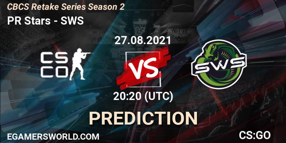 PR Stars vs SWS: Betting TIp, Match Prediction. 27.08.2021 at 20:20. Counter-Strike (CS2), CBCS Retake Series Season 2