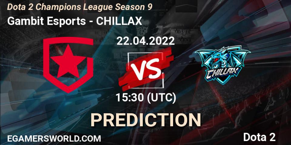 Gambit Esports vs CHILLAX: Betting TIp, Match Prediction. 22.04.2022 at 15:42. Dota 2, Dota 2 Champions League Season 9