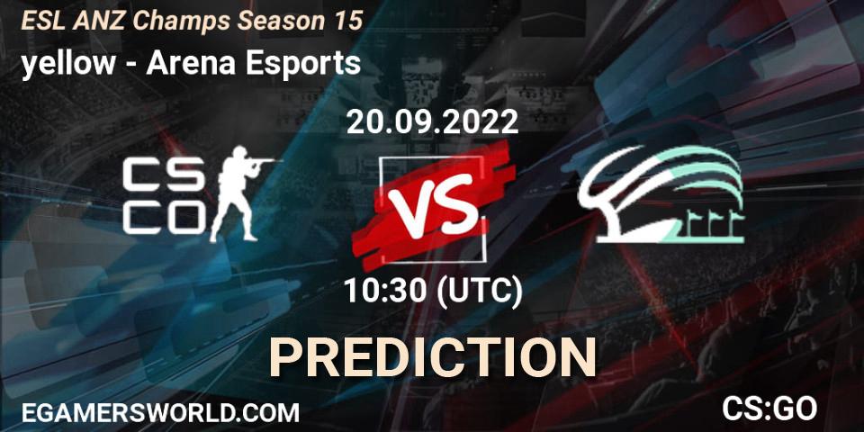 yellow vs Arena Esports: Betting TIp, Match Prediction. 20.09.2022 at 10:30. Counter-Strike (CS2), ESL ANZ Champs Season 15